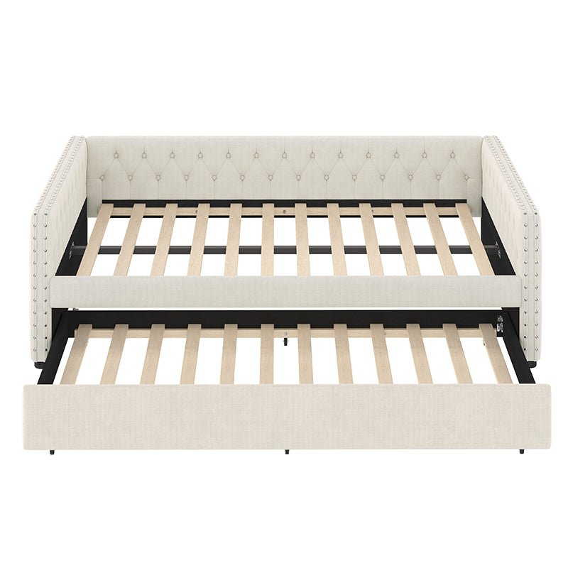 Bellemave® Full Size Upholstered Tufted Daybed with Twin Trundle, Button & Copper Nail on Square Arms - Bellemave