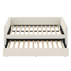 Bellemave® Full Size Upholstered Tufted Daybed with Twin Trundle, Button & Copper Nail on Square Arms - Bellemave