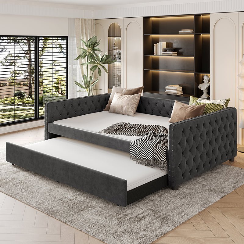 Bellemave® Full Size Upholstered Tufted Daybed with Twin Trundle, Button & Copper Nail on Square Arms - Bellemave