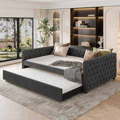 Bellemave® Full Size Upholstered Tufted Daybed with Twin Trundle, Button & Copper Nail on Square Arms - Bellemave