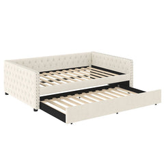 Bellemave® Full Size Upholstered Tufted Daybed with Twin Trundle, Button & Copper Nail on Square Arms - Bellemave