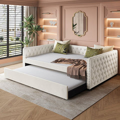 Bellemave® Full Size Upholstered Tufted Daybed with Twin Trundle, Button & Copper Nail on Square Arms - Bellemave