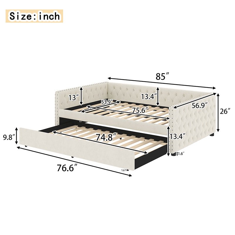Bellemave® Full Size Upholstered Tufted Daybed with Twin Trundle, Button & Copper Nail on Square Arms - Bellemave