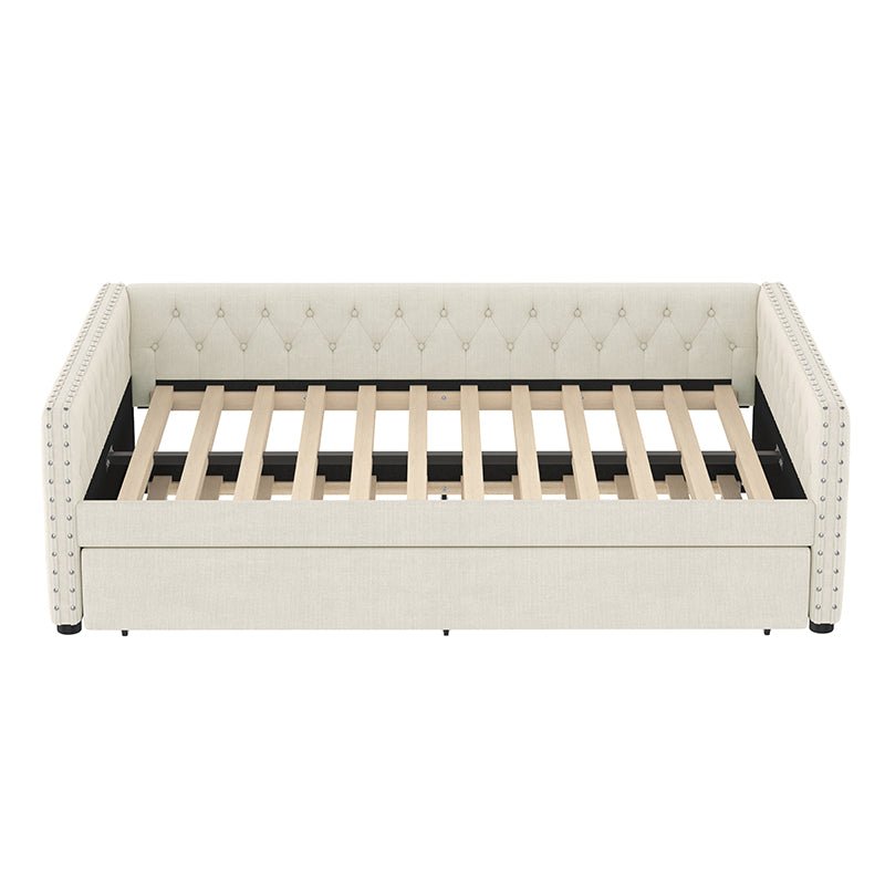 Bellemave® Full Size Upholstered Tufted Daybed with Twin Trundle, Button & Copper Nail on Square Arms - Bellemave