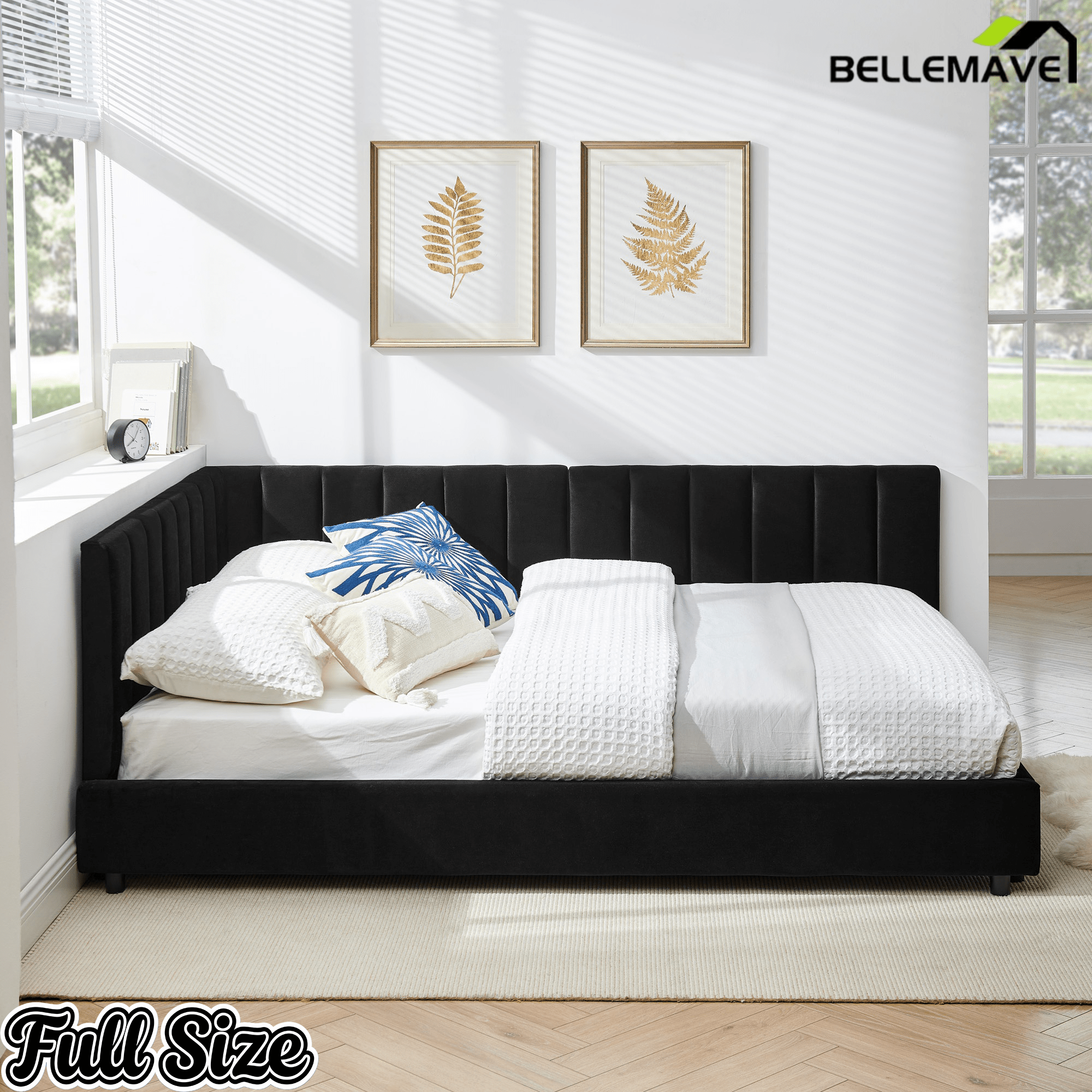 Bellemave® Full Size Velvet Daybed Frame | Channel Tufted Upholstered Corner Bed | Solid Wood Slats | No Box Spring - Bellemave