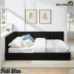 Bellemave® Full Size Velvet Daybed Frame | Channel Tufted Upholstered Corner Bed | Solid Wood Slats | No Box Spring - Bellemave