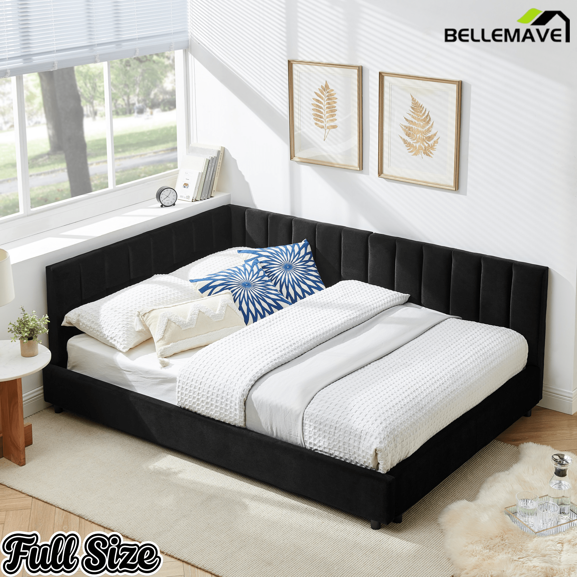 Bellemave® Full Size Velvet Daybed Frame | Channel Tufted Upholstered Corner Bed | Solid Wood Slats | No Box Spring - Bellemave