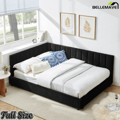 Bellemave® Full Size Velvet Daybed Frame | Channel Tufted Upholstered Corner Bed | Solid Wood Slats | No Box Spring - Bellemave