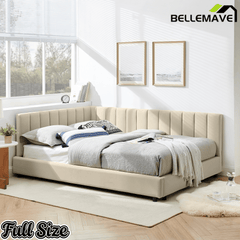 Bellemave® Full Size Velvet Daybed Frame | Channel Tufted Upholstered Corner Bed | Solid Wood Slats | No Box Spring - Bellemave