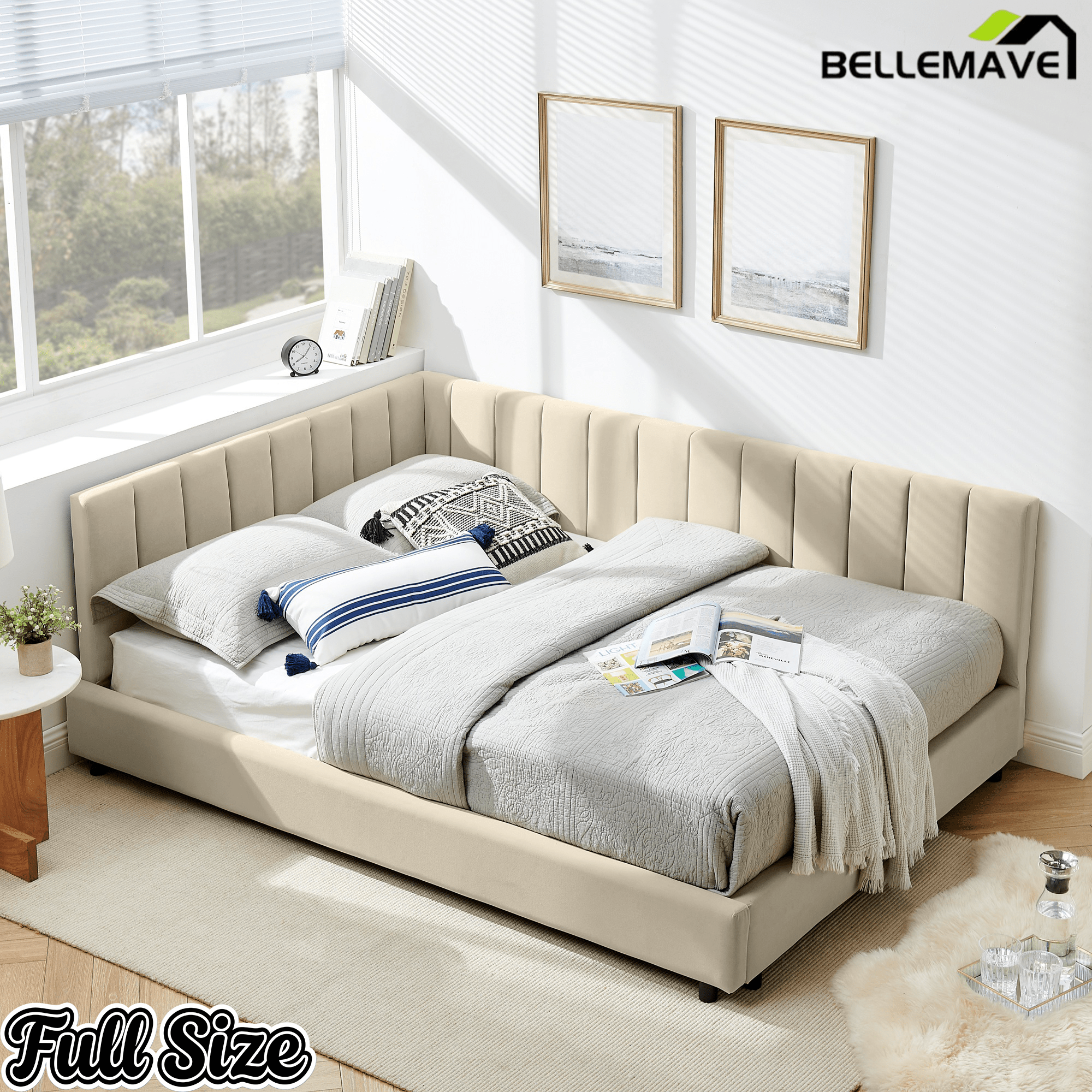 Bellemave® Full Size Velvet Daybed Frame | Channel Tufted Upholstered Corner Bed | Solid Wood Slats | No Box Spring - Bellemave
