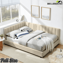Bellemave® Full Size Velvet Daybed Frame | Channel Tufted Upholstered Corner Bed | Solid Wood Slats | No Box Spring - Bellemave