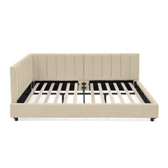 Bellemave® Full Size Velvet Daybed Frame | Channel Tufted Upholstered Corner Bed | Solid Wood Slats | No Box Spring - Bellemave