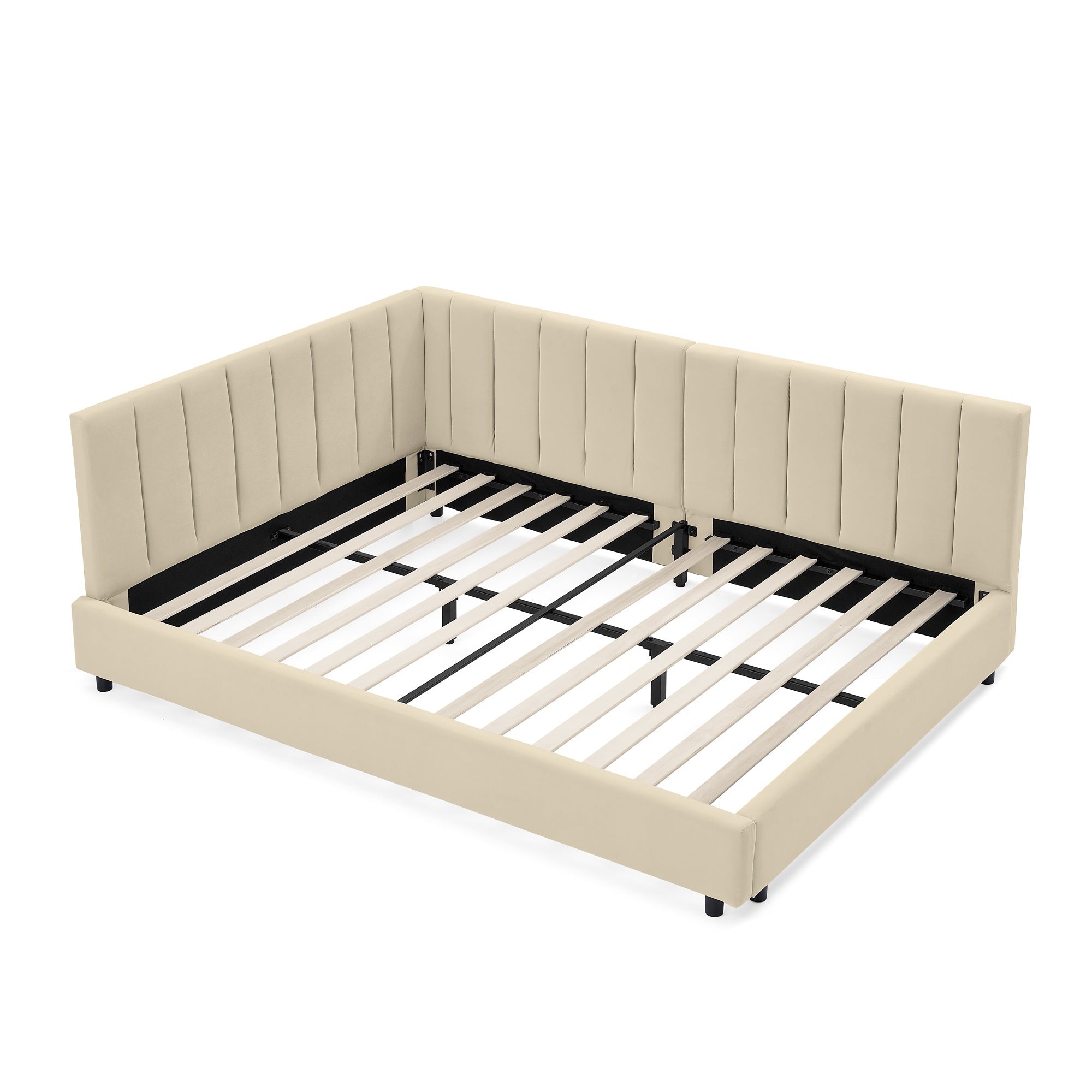 Bellemave® Full Size Velvet Daybed Frame | Channel Tufted Upholstered Corner Bed | Solid Wood Slats | No Box Spring - Bellemave