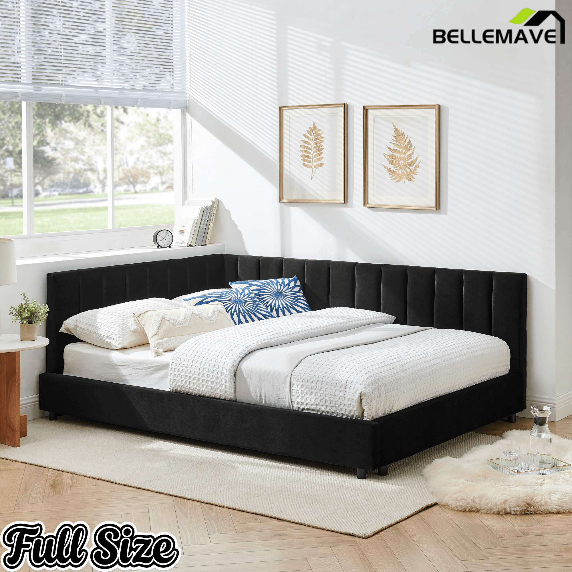 Bellemave® Full Size Velvet Daybed Frame | Channel Tufted Upholstered Corner Bed | Solid Wood Slats | No Box Spring - Bellemave