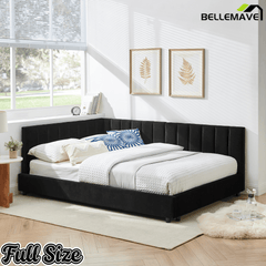 Bellemave® Full Size Velvet Daybed Frame | Channel Tufted Upholstered Corner Bed | Solid Wood Slats | No Box Spring - Bellemave