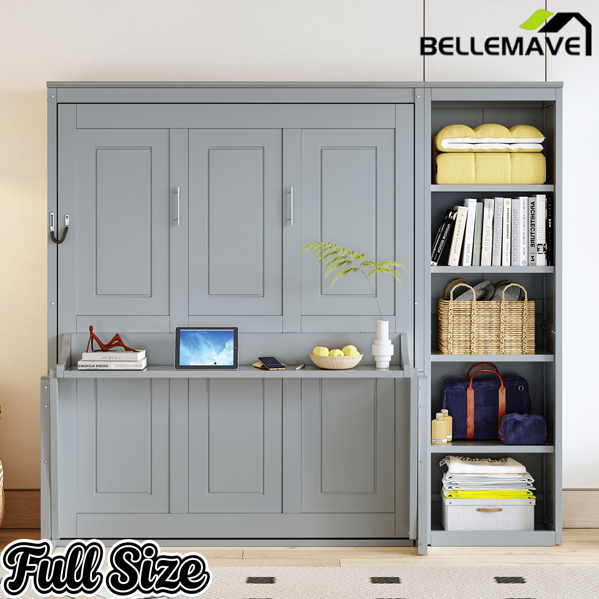 Bellemave® Full Size Vertical Cabinet Murphy Bed with Desk and Bookshelf, Multiple Storage Foldable Hideaway Wall Bed Frame with Wooden Salts, No Box Spring Needed, Easy Assembly - Bellemave