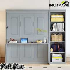 Bellemave® Full Size Vertical Cabinet Murphy Bed with Desk and Bookshelf, Multiple Storage Foldable Hideaway Wall Bed Frame with Wooden Salts, No Box Spring Needed, Easy Assembly - Bellemave