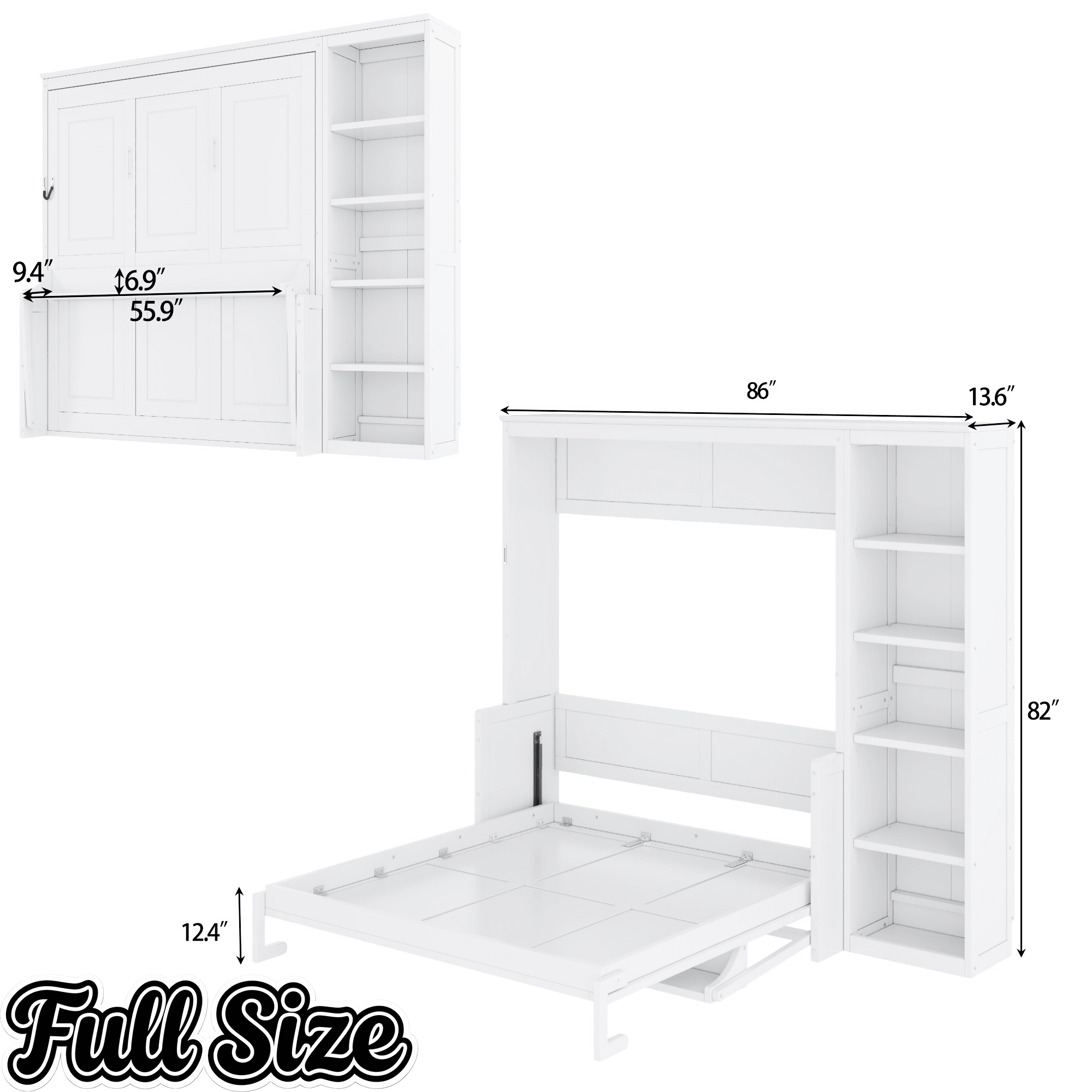 Bellemave® Full Size Vertical Cabinet Murphy Bed with Desk and Bookshelf, Multiple Storage Foldable Hideaway Wall Bed Frame with Wooden Salts, No Box Spring Needed, Easy Assembly - Bellemave