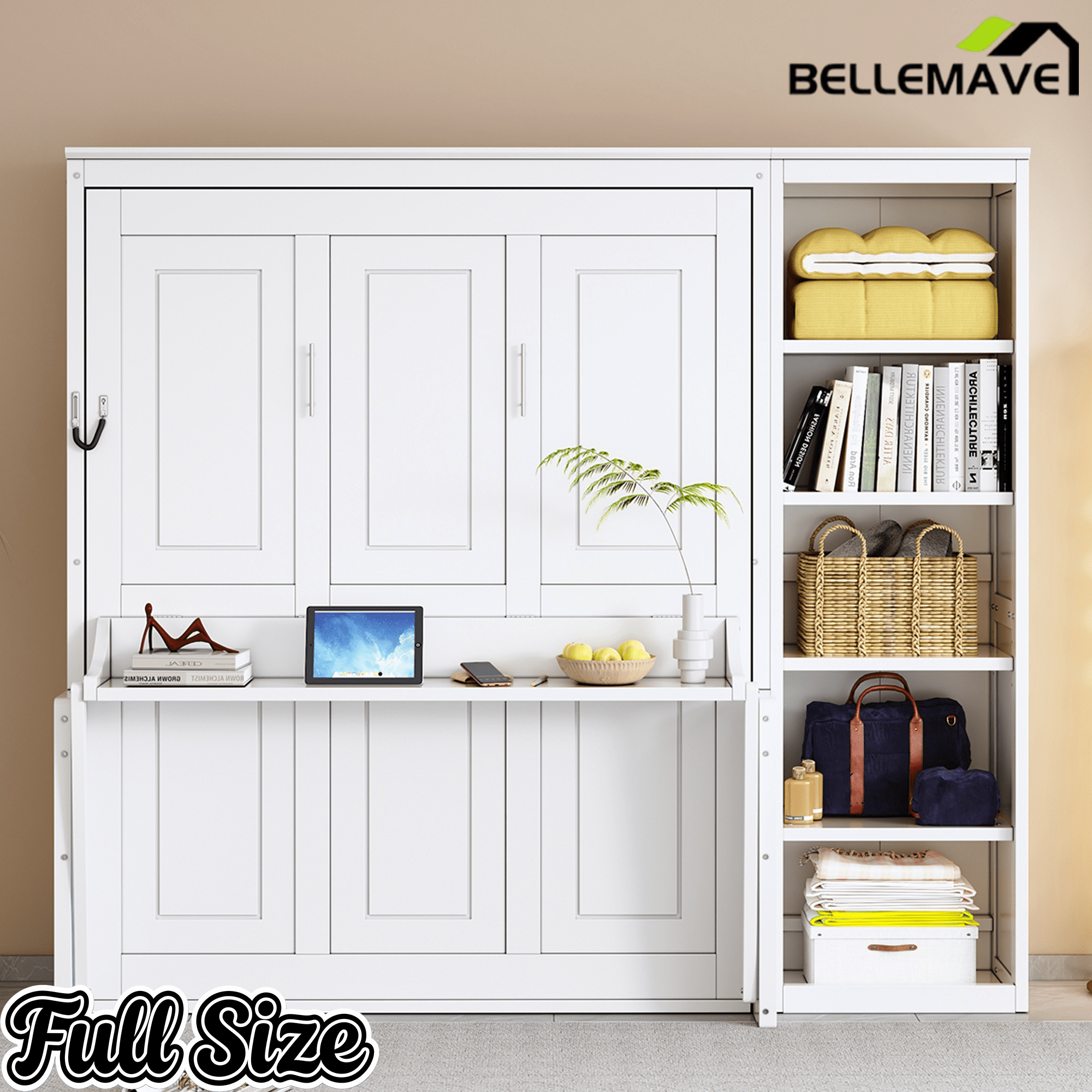 Bellemave® Full Size Vertical Cabinet Murphy Bed with Desk and Bookshelf, Multiple Storage Foldable Hideaway Wall Bed Frame with Wooden Salts, No Box Spring Needed, Easy Assembly - Bellemave