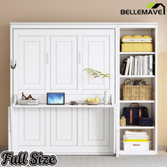 Bellemave® Full Size Vertical Cabinet Murphy Bed with Desk and Bookshelf, Multiple Storage Foldable Hideaway Wall Bed Frame with Wooden Salts, No Box Spring Needed, Easy Assembly - Bellemave