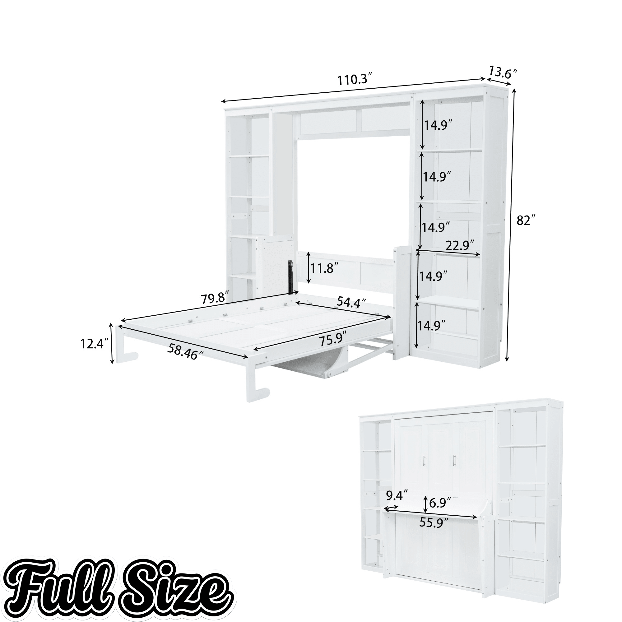 Bellemave® Full Size Vertical Cabinet Murphy Bed with Desk and Bookshelf, Multiple Storage Foldable Hideaway Wall Bed Frame with Wooden Salts, No Box Spring Needed, Easy Assembly - Bellemave