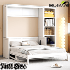 Bellemave® Full Size Vertical Cabinet Murphy Bed with Desk and Bookshelf, Multiple Storage Foldable Hideaway Wall Bed Frame with Wooden Salts, No Box Spring Needed, Easy Assembly - Bellemave