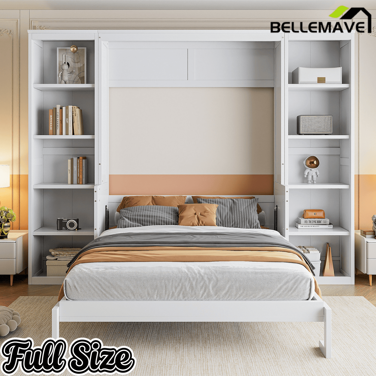 Bellemave® Full Size Vertical Cabinet Murphy Bed with Desk and Bookshelf, Multiple Storage Foldable Hideaway Wall Bed Frame with Wooden Salts, No Box Spring Needed, Easy Assembly - Bellemave