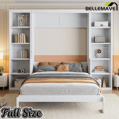 Bellemave® Full Size Vertical Cabinet Murphy Bed with Desk and Bookshelf, Multiple Storage Foldable Hideaway Wall Bed Frame with Wooden Salts, No Box Spring Needed, Easy Assembly - Bellemave