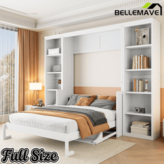 Bellemave® Full Size Vertical Cabinet Murphy Bed with Desk and Bookshelf, Multiple Storage Foldable Hideaway Wall Bed Frame with Wooden Salts, No Box Spring Needed, Easy Assembly - Bellemave