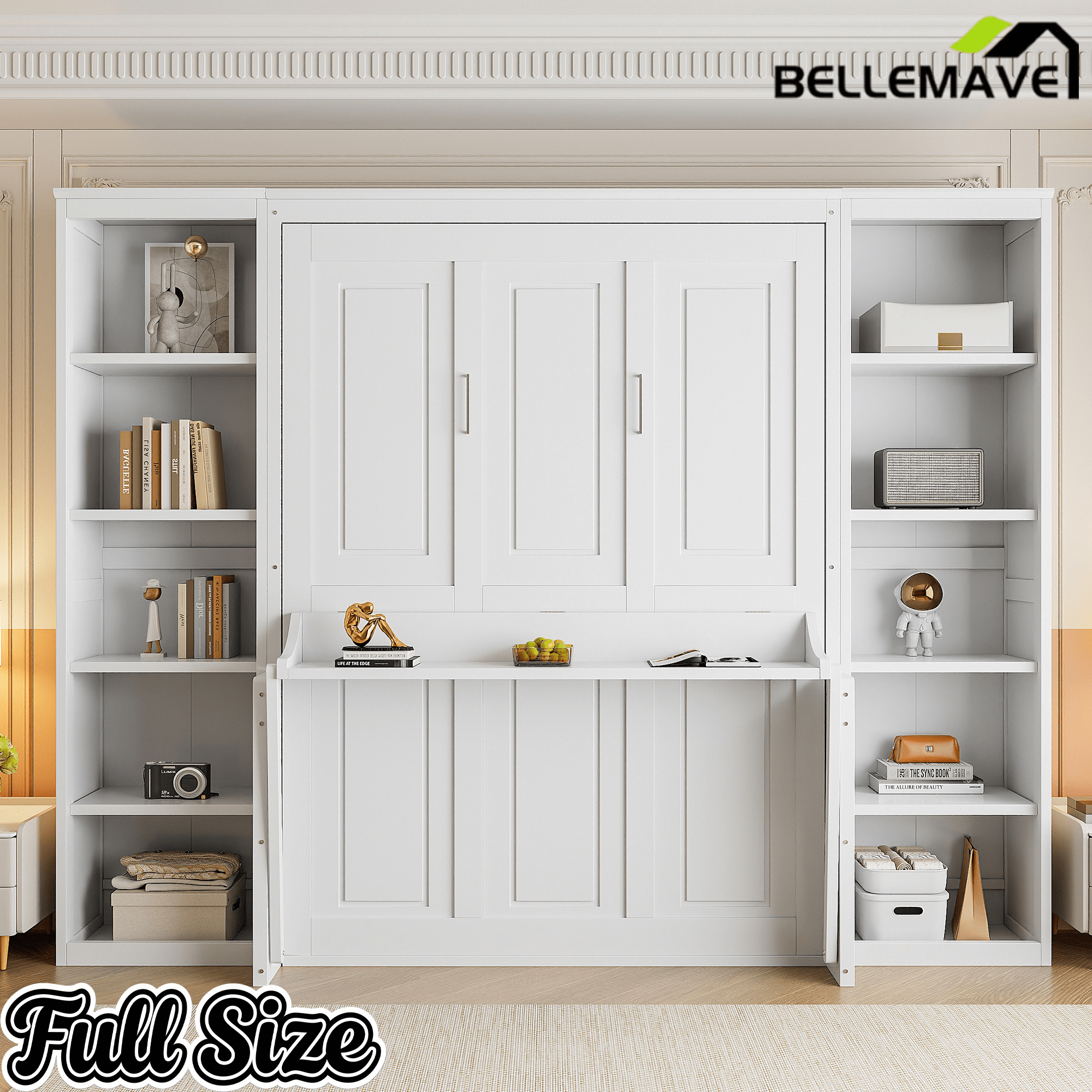 Bellemave® Full Size Vertical Cabinet Murphy Bed with Desk and Bookshelf, Multiple Storage Foldable Hideaway Wall Bed Frame with Wooden Salts, No Box Spring Needed, Easy Assembly - Bellemave