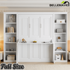 Bellemave® Full Size Vertical Cabinet Murphy Bed with Desk and Bookshelf, Multiple Storage Foldable Hideaway Wall Bed Frame with Wooden Salts, No Box Spring Needed, Easy Assembly - Bellemave