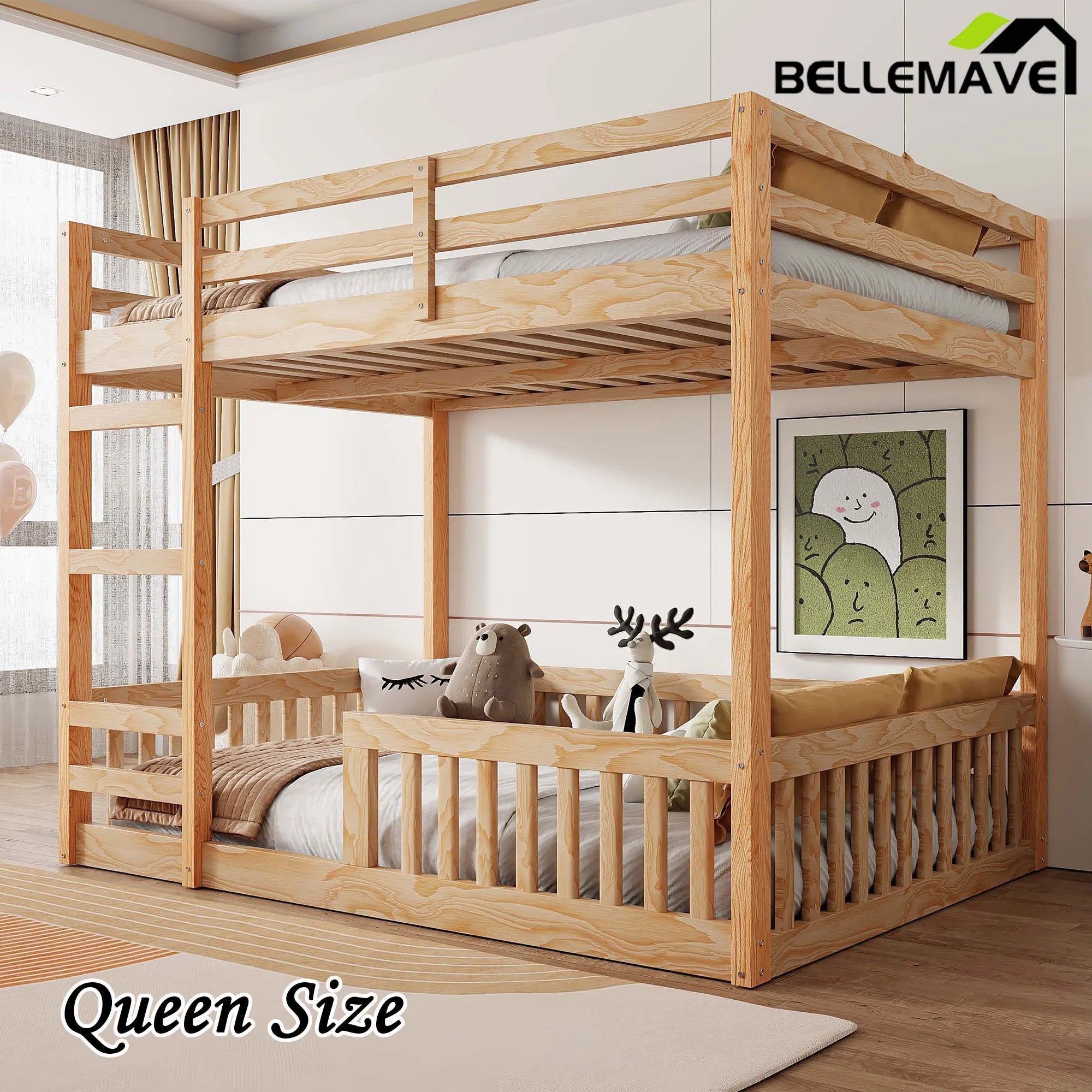 Bellemave® Full Size Wood Bunk Bed with Ladder and Guardrails - Bellemave