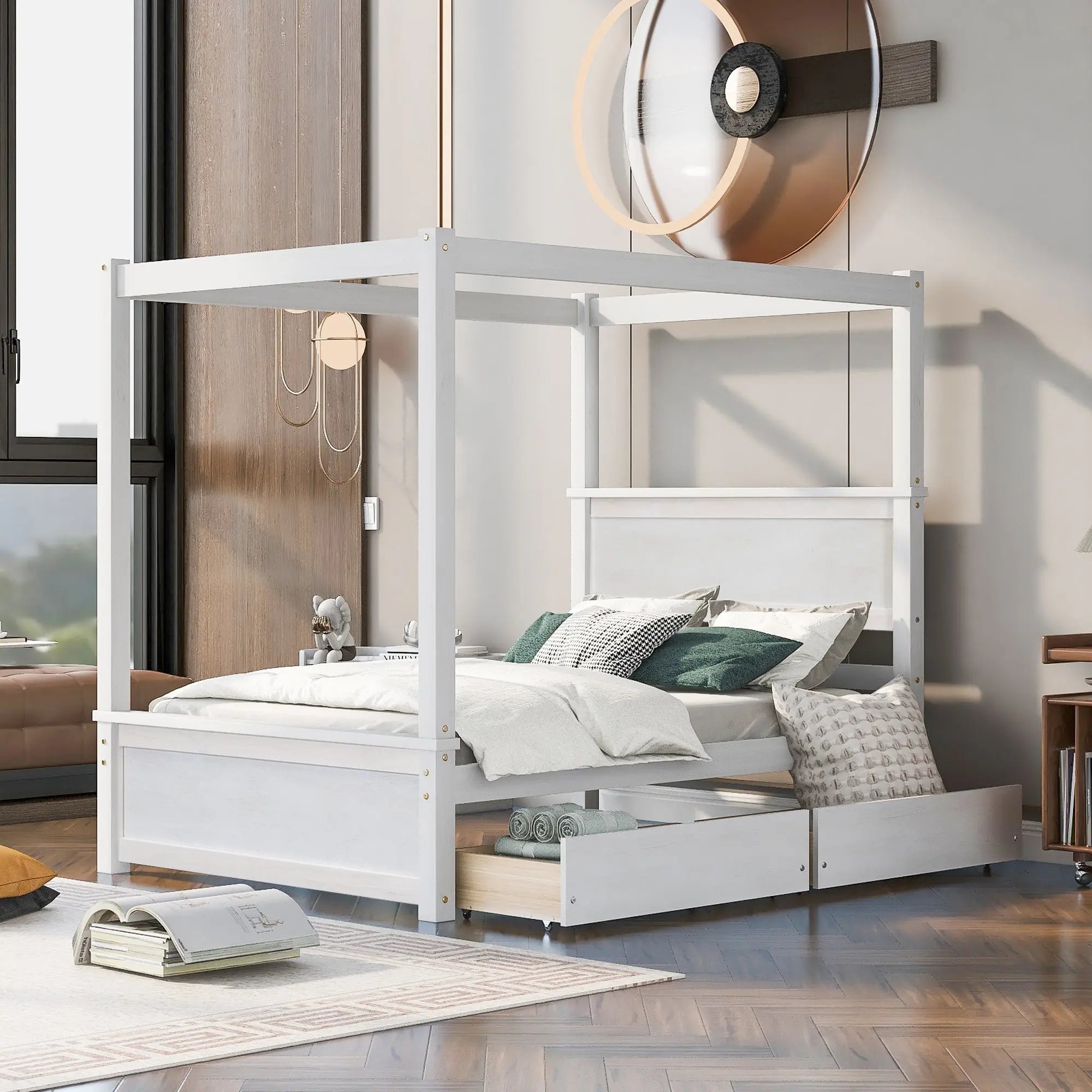 Bellemave® Full Size Wood Canopy Platform Bed with 2 Drawers and Support Slats - Bellemave