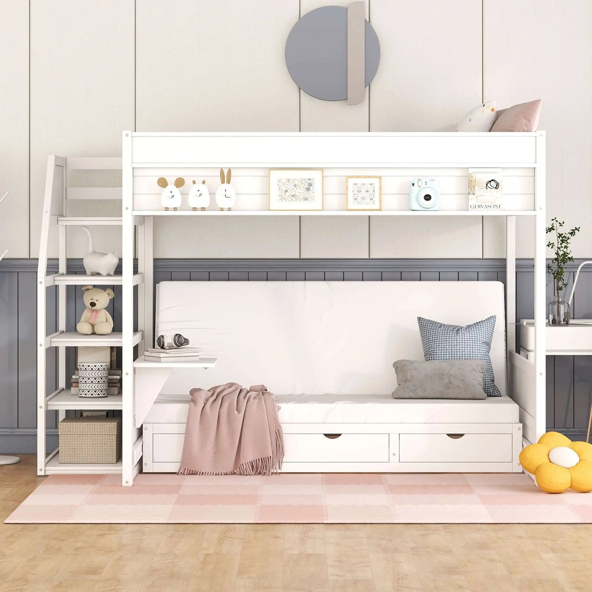Bellemave® Full Size Wood Convertible Bunk Bed with Storage Staircase, Bedside Table and 3 Drawers - Bellemave
