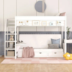 Bellemave® Full Size Wood Convertible Bunk Bed with Storage Staircase, Bedside Table and 3 Drawers - Bellemave