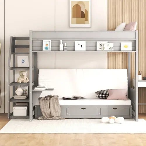 Bellemave® Full Size Wood Convertible Bunk Bed with Storage Staircase, Bedside Table and 3 Drawers - Bellemave
