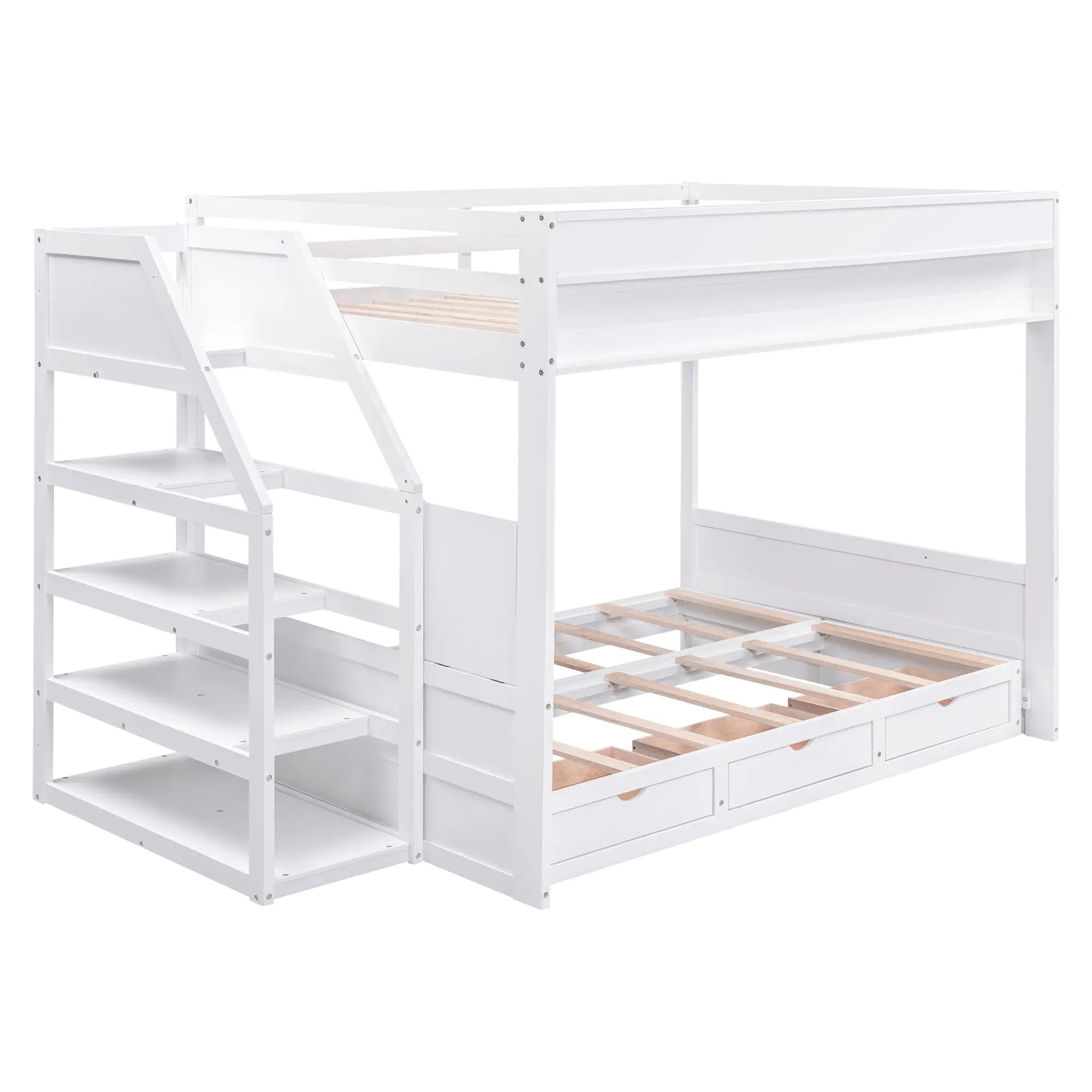 Bellemave® Full Size Wood Convertible Bunk Bed with Storage Staircase, Bedside Table and 3 Drawers - Bellemave