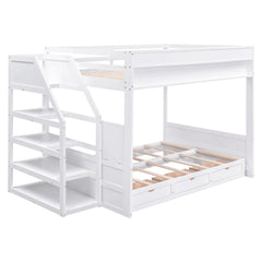 Bellemave® Full Size Wood Convertible Bunk Bed with Storage Staircase, Bedside Table and 3 Drawers - Bellemave