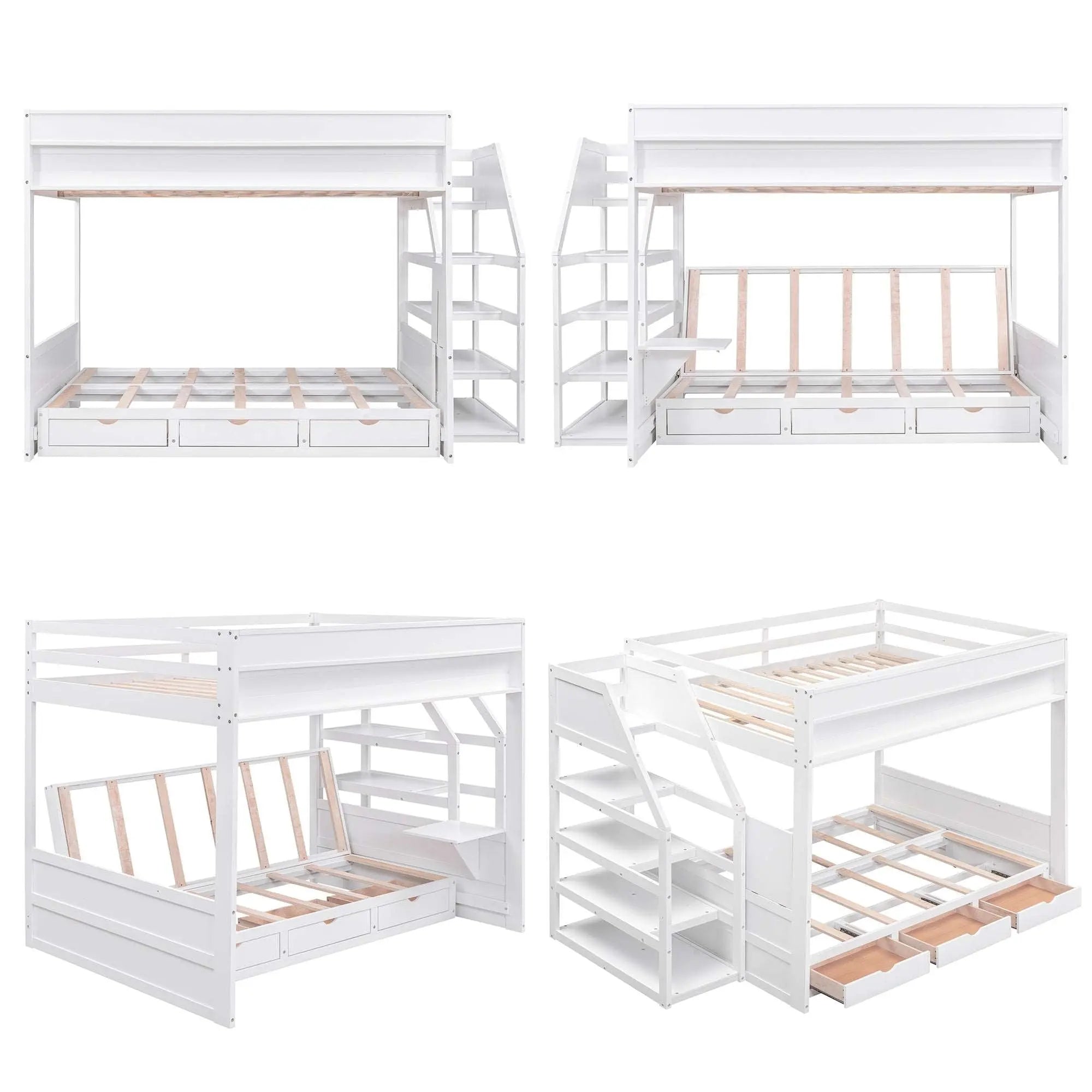 Bellemave® Full Size Wood Convertible Bunk Bed with Storage Staircase, Bedside Table and 3 Drawers - Bellemave