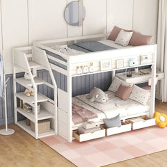 Bellemave® Full Size Wood Convertible Bunk Bed with Storage Staircase, Bedside Table and 3 Drawers - Bellemave