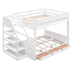 Bellemave® Full Size Wood Convertible Bunk Bed with Storage Staircase, Bedside Table and 3 Drawers - Bellemave