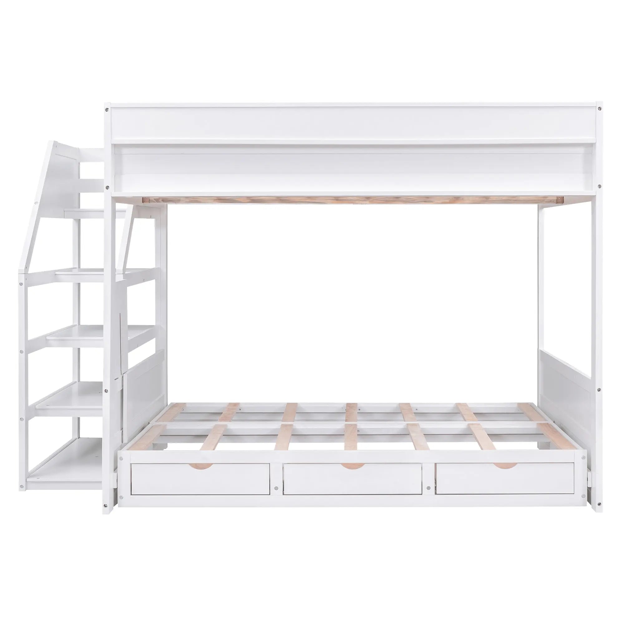 Bellemave® Full Size Wood Convertible Bunk Bed with Storage Staircase, Bedside Table and 3 Drawers - Bellemave