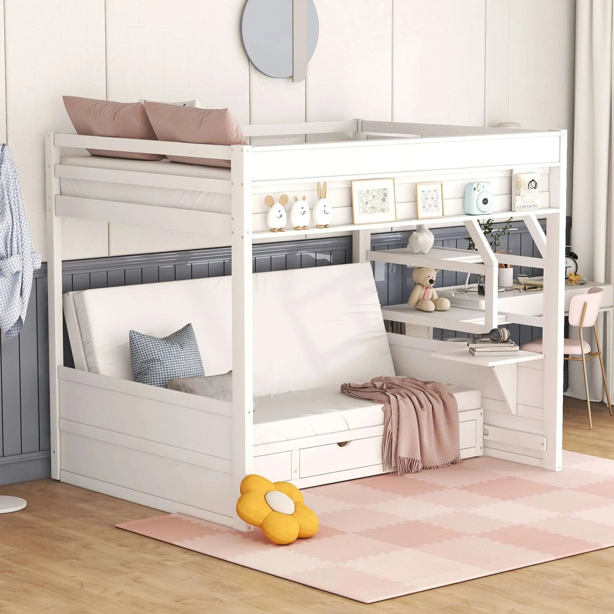 Bellemave® Full Size Wood Convertible Bunk Bed with Storage Staircase, Bedside Table and 3 Drawers - Bellemave