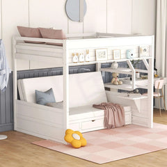 Bellemave® Full Size Wood Convertible Bunk Bed with Storage Staircase, Bedside Table and 3 Drawers - Bellemave
