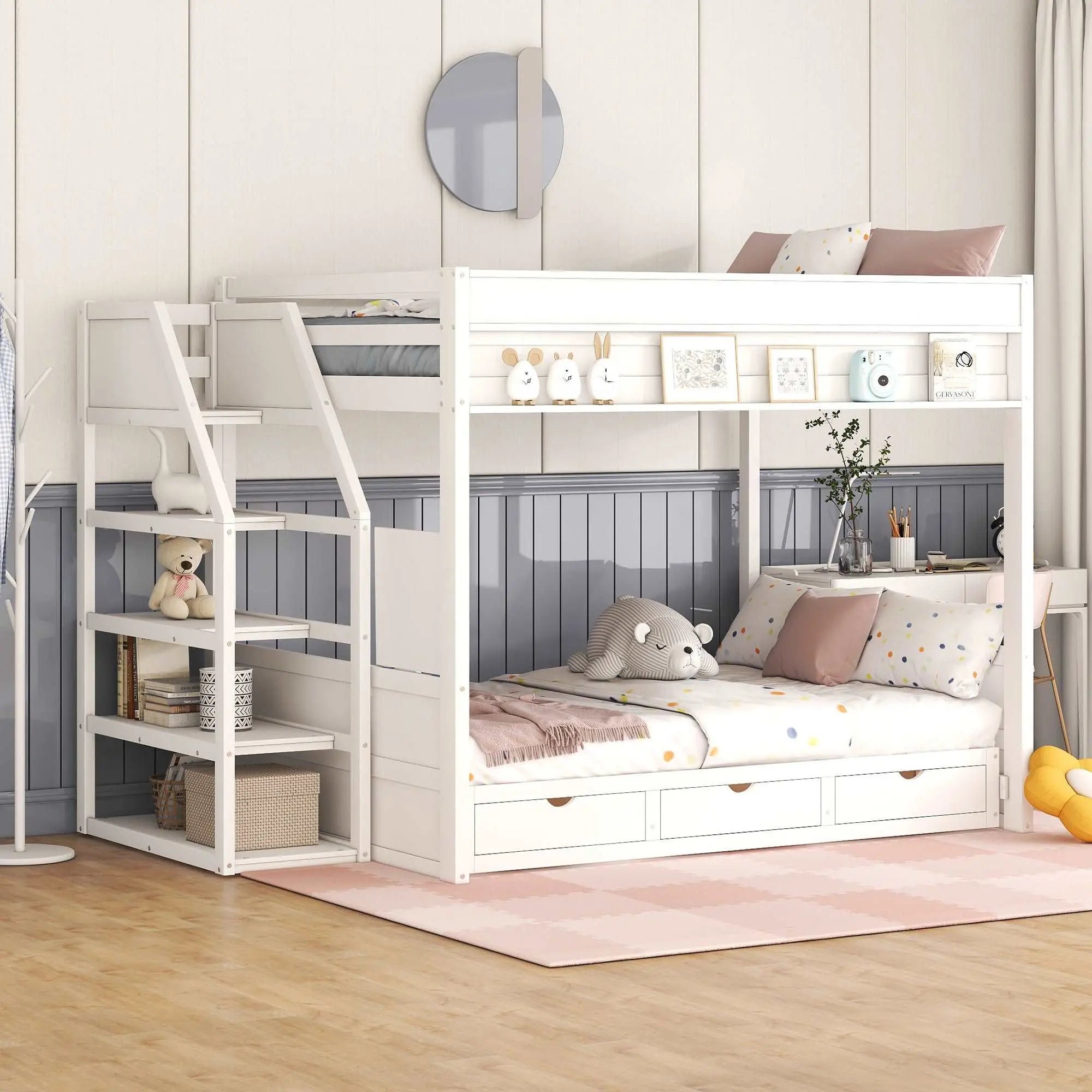 Bellemave® Full Size Wood Convertible Bunk Bed with Storage Staircase, Bedside Table and 3 Drawers - Bellemave