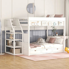 Bellemave® Full Size Wood Convertible Bunk Bed with Storage Staircase, Bedside Table and 3 Drawers - Bellemave