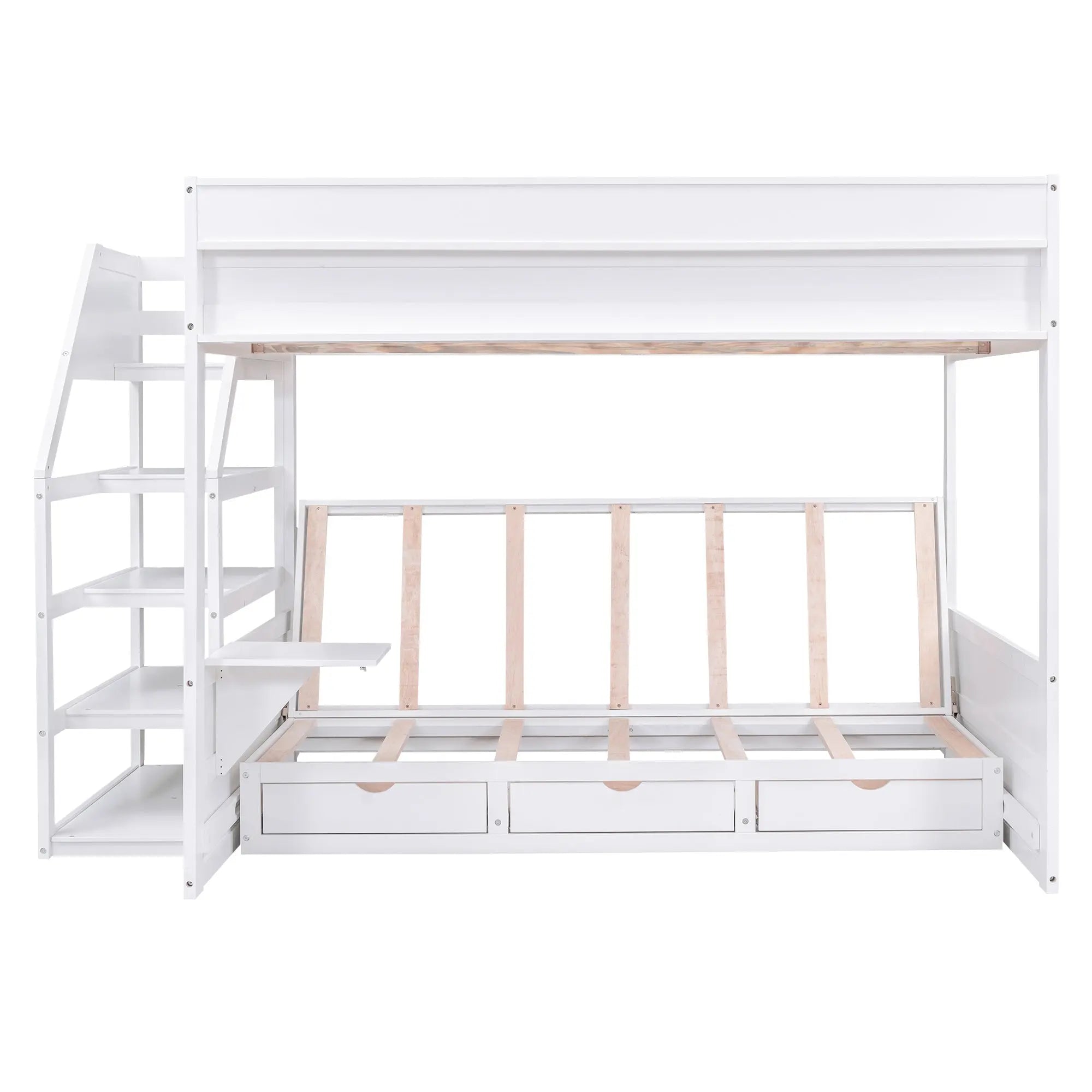 Bellemave® Full Size Wood Convertible Bunk Bed with Storage Staircase, Bedside Table and 3 Drawers - Bellemave