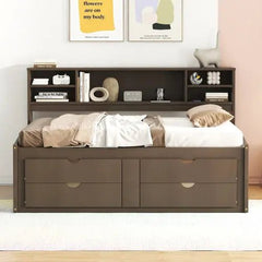Bellemave® Full Size Wood Daybed with 2 Bedside Cabinets, Upper Shelves and 4 Drawers - Bellemave