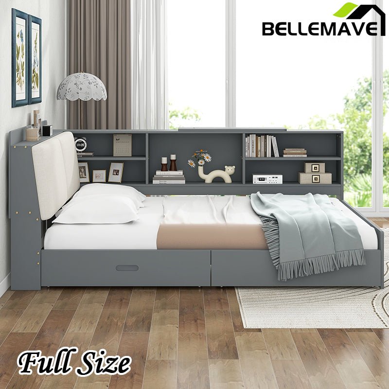 Bellemave® Full Size Wood Daybed with Storage Headboard, Shelves and 2 Drawers - Bellemave
