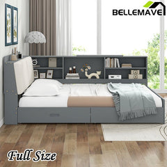 Bellemave® Full Size Wood Daybed with Storage Headboard, Shelves and 2 Drawers - Bellemave